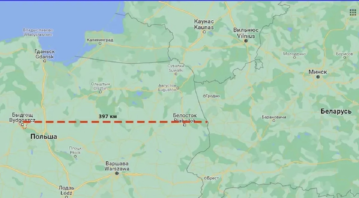 Ракета "повітря-земля" впала за 400 км від кордону з Білоруссю і на випадковість це не схоже. Фото: Guugle Maps