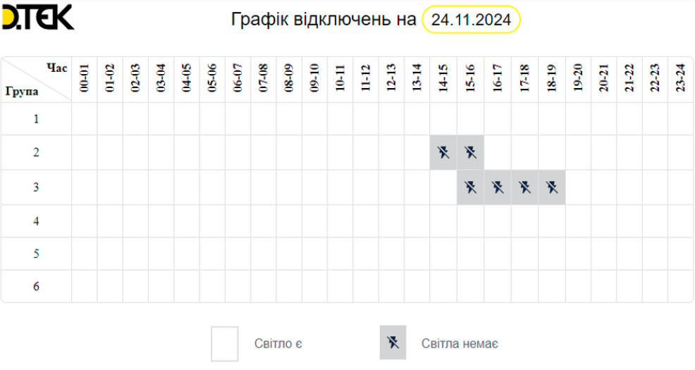 Відключення електроенергії на 24 листопада