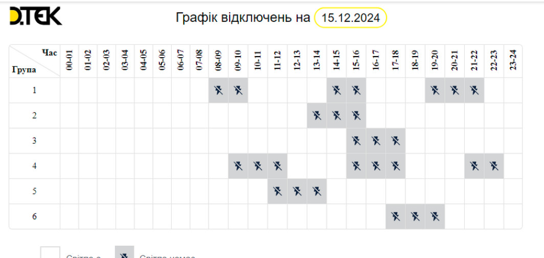 Графік відключення електроенергії на 15 грудня